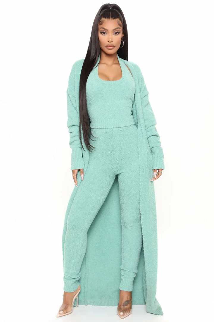 Fashion Nova Legging Sets Keep Me Cozy Fuzzy 3 Piece Legging Set - Sage