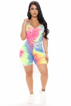 Fashion Nova Biker Short Sets Too Close Tie Dye Biker Short Set - Pink/combo