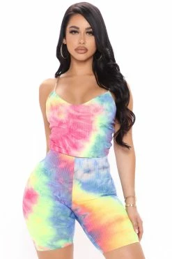 Fashion Nova Biker Short Sets Too Close Tie Dye Biker Short Set - Pink/combo