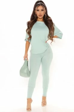 Fashion Nova Don't Get This Twisted Short Sleeve Pant Set - Sage Legging Sets