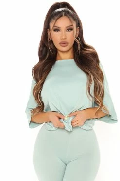 Fashion Nova Don't Get This Twisted Short Sleeve Pant Set - Sage Legging Sets