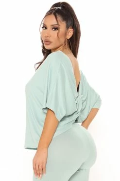 Fashion Nova Don't Get This Twisted Short Sleeve Pant Set - Sage Legging Sets
