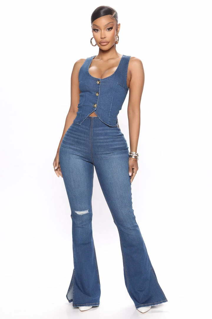 Fashion Nova Unforgettable Flare Jeans - Medium Blue Wash Matching Separates