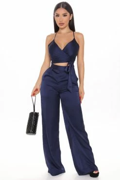 Fashion Nova Wide Leg Sets Luxury Views Satin Pant Set - Navy