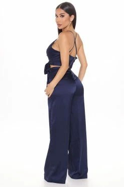 Fashion Nova Wide Leg Sets Luxury Views Satin Pant Set - Navy