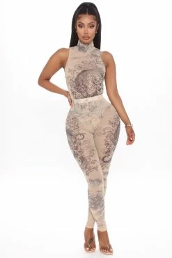 Fashion Nova Legging Sets Time To Slay Mesh Legging Set - Nude/combo