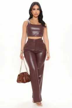 Fashion Nova Julia Faux Leather Crop Tank Top - Chocolate Matching Separates