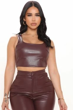 Fashion Nova Julia Faux Leather Crop Tank Top - Chocolate Matching Separates