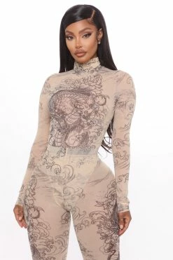 Fashion Nova Light My Fire Mesh Matching Set - Beige