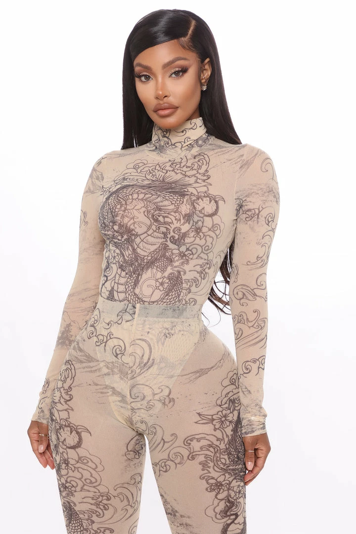 Fashion Nova Light My Fire Mesh Matching Set - Beige