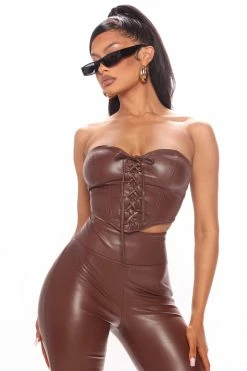 Fashion Nova Baddie Faux Leather Pant Set - Chocolate