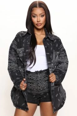 Fashion Nova Matching Separates Bandana Babe Denim Shacket - Black/combo