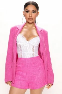 Fashion Nova Celeste Tweed Blazer - Fuchsia Matching Separates