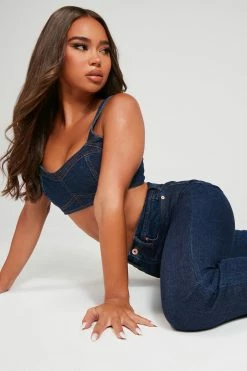 Fashion Nova Goin' The Distance Denim Crop Top - Dark Wash