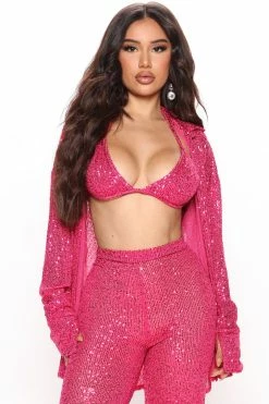 Fashion Nova Invite Only 3 Piece Sequin Pant Set - Fuchsia Wide Leg Sets
