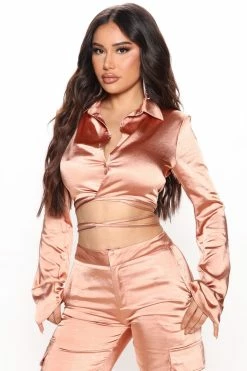 Fashion Nova Allison Satin Pant Set - Rust