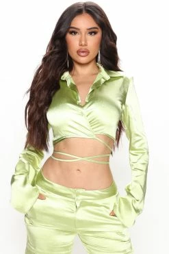 Fashion Nova Allison Satin Pant Set - Chartreuse