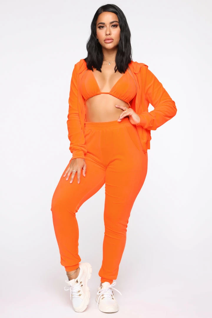 Fashion Nova Make It Fashion Velour Jogger Set - Neon Orange Sweatshirt Sets