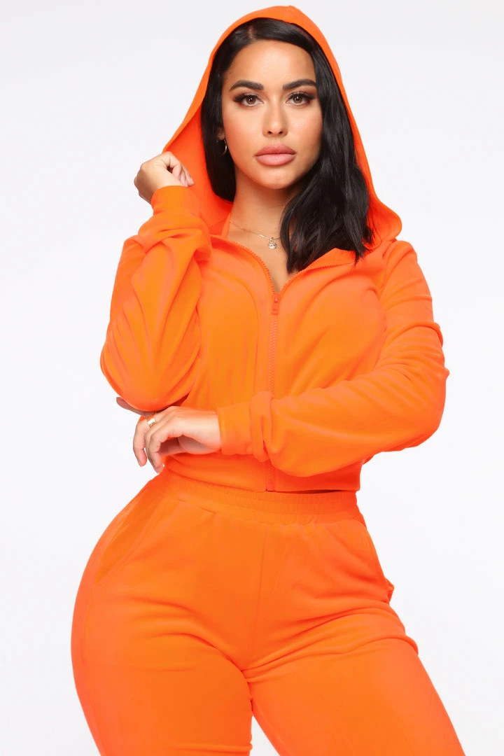 Fashion Nova Make It Fashion Velour Jogger Set - Neon Orange Sweatshirt Sets