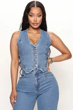 Fashion Nova Western Showdown Button Front Denim Vest - Medium Wash Matching Separates