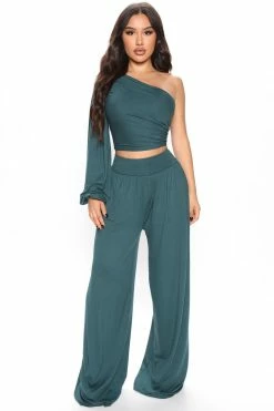 Fashion Nova Casual Date Night Pant Set - Teal Wide Leg Sets