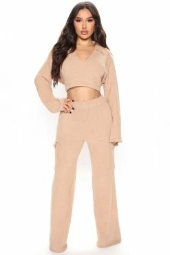 Fashion Nova Let's Get Cozy Pant Set - Taupe Sweater Sets
