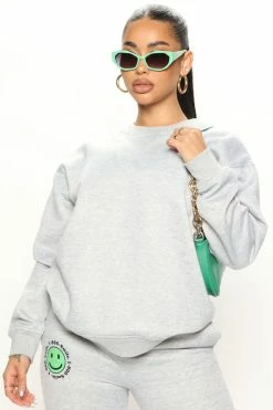 Fashion Nova 1 800 Smile Happy Face Sweatshirt - Heather Grey