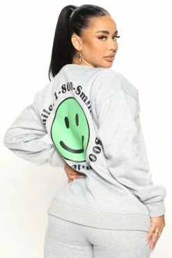 Fashion Nova 1 800 Smile Happy Face Sweatshirt - Heather Grey
