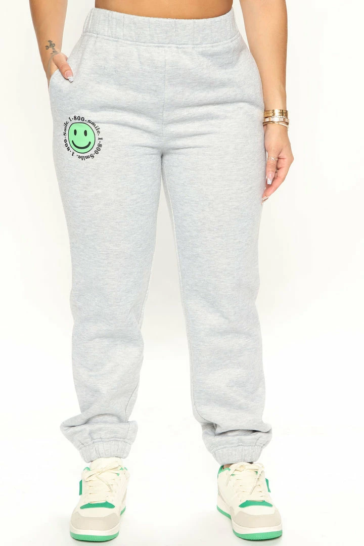 Fashion Nova 1 800 Smile Happy Face Sweatpants - Heather Grey