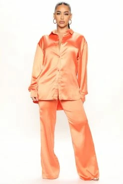 Fashion Nova Tainted Love Satin Pant Set - Orange Wide Leg Sets