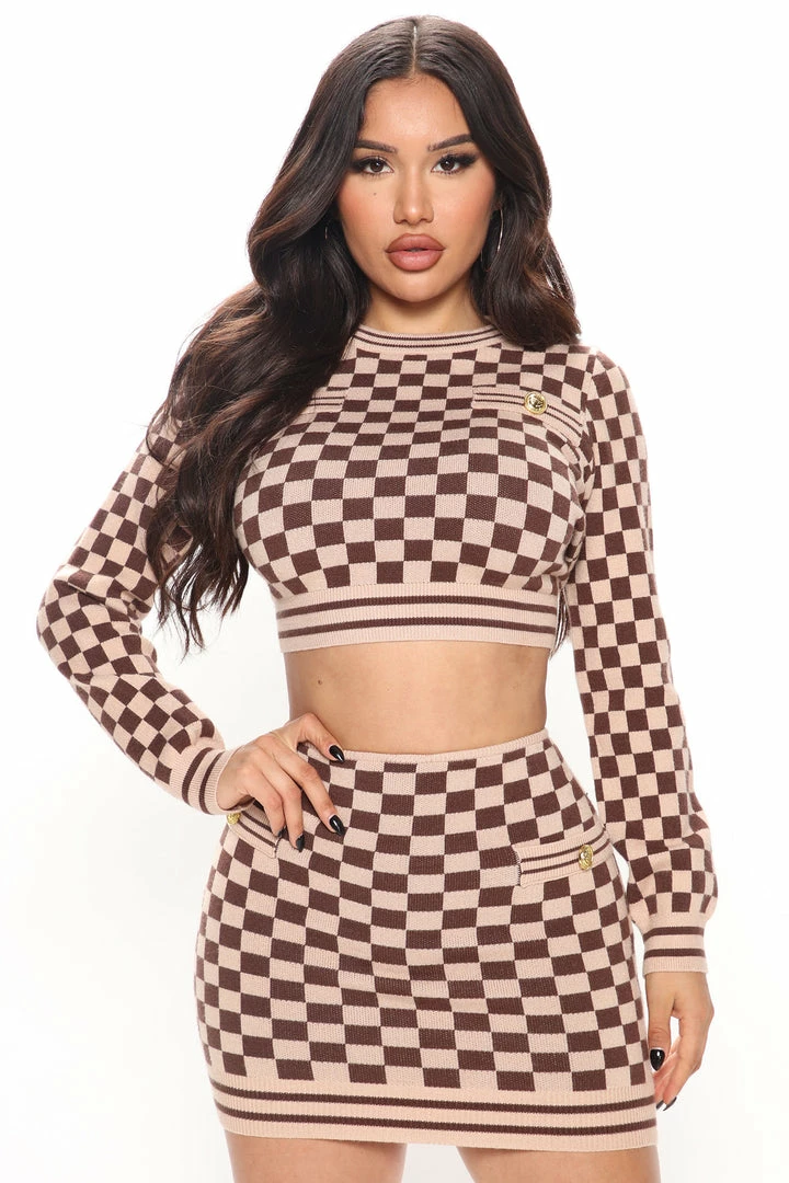 Fashion Nova Sweater Sets Checked Out Sweater Skirt Set - Brown/combo