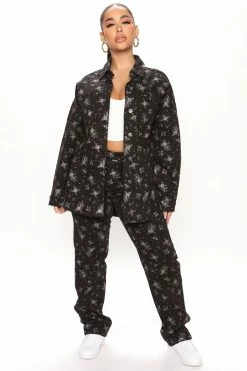 Fashion Nova Matching Separates Ditsy Floral Print Denim Shacket - Black