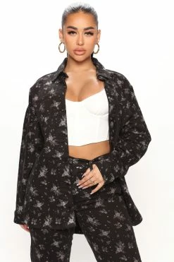 Fashion Nova Matching Separates Ditsy Floral Print Denim Shacket - Black