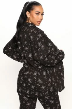 Fashion Nova Matching Separates Ditsy Floral Print Denim Shacket - Black