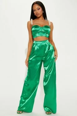 Fashion Nova Girl In Pearls Satin Pant Set - Green Wide Leg Sets
