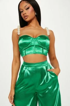Fashion Nova Girl In Pearls Satin Pant Set - Green Wide Leg Sets