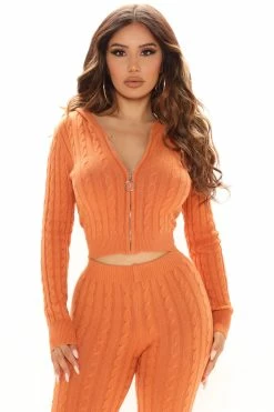Fashion Nova Focused On Me Hooded Cable Knit Legging Set - Orange