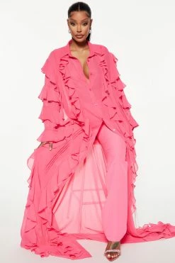 Fashion Nova All The Drama Ruffle Pant Set - Pink Wide Leg Sets