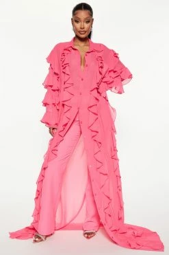 Fashion Nova All The Drama Ruffle Pant Set - Pink Wide Leg Sets