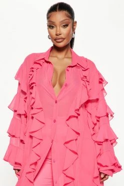 Fashion Nova All The Drama Ruffle Pant Set - Pink Wide Leg Sets