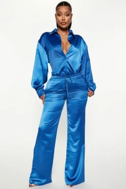Fashion Nova Tainted Love Satin Pant Set - Royal Wide Leg Sets