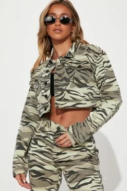 Fashion Nova Camo Tiger Print Cropped Denim Jacket - Camouflage