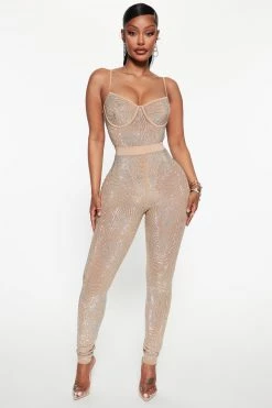 Fashion Nova Legging Sets Baddies Only Rhinestone Legging Set - Nude