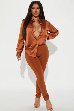 Fashion Nova Legging Sets Set The Mood Satin Legging Set - Copper