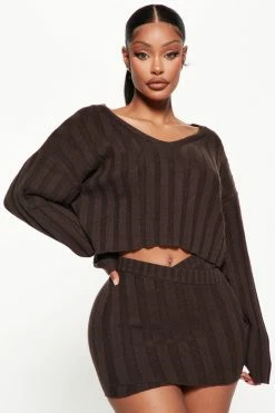 Fashion Nova So Seductive Sweater Skirt Set - Chocolate