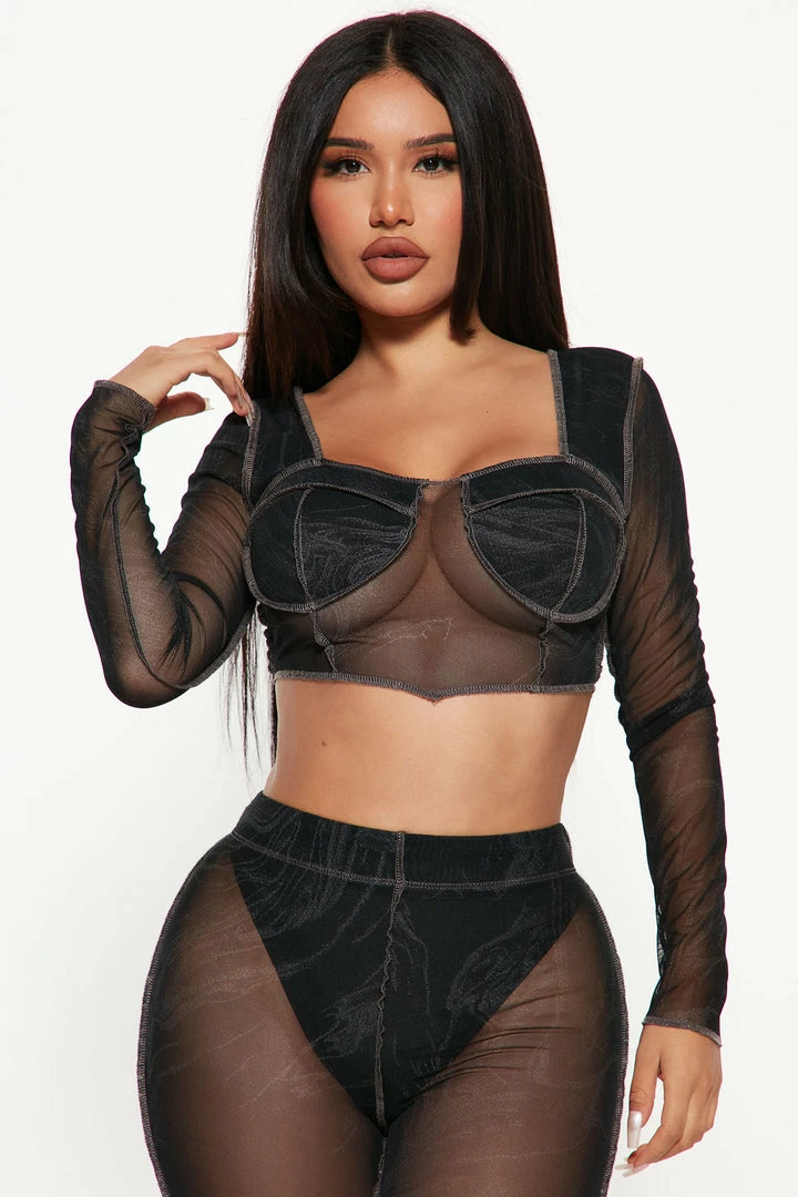 Fashion Nova Let's Go Out Mesh Legging Set - Black/Grey Legging Sets