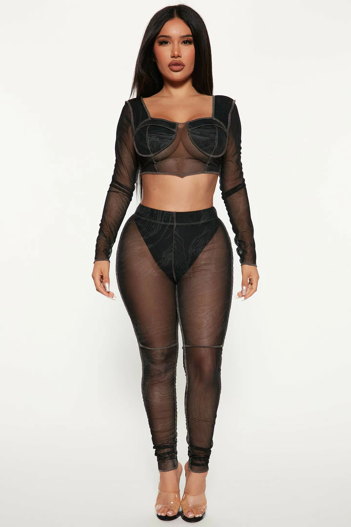 Fashion Nova Let's Go Out Mesh Legging Set - Black/Grey Legging Sets