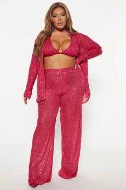 Fashion Nova Invite Only 3 Piece Sequin Pant Set - Fuchsia Wide Leg Sets
