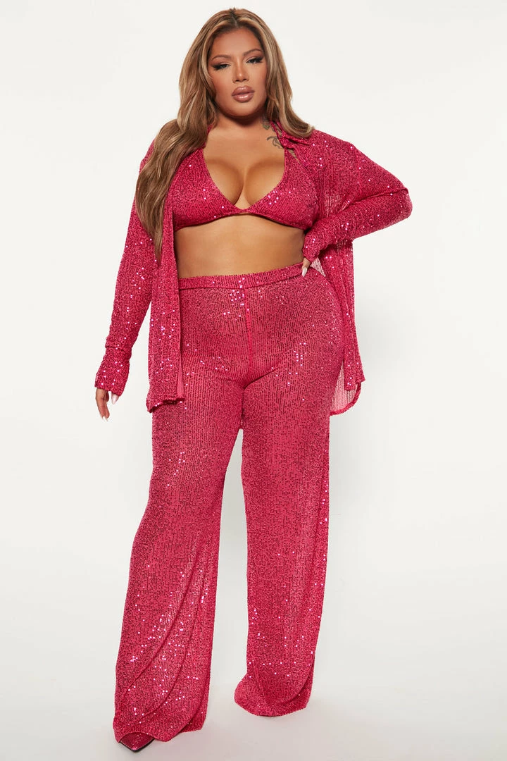 Fashion Nova Invite Only 3 Piece Sequin Pant Set - Fuchsia Wide Leg Sets