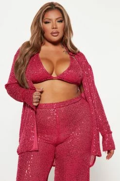 Fashion Nova Invite Only 3 Piece Sequin Pant Set - Fuchsia Wide Leg Sets
